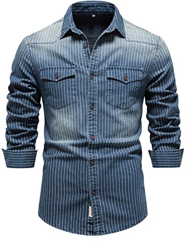 WINDEHAO Camisa de algodón de mezclilla a rayas para hombre, camisa vaquera lavada de manga larga, chaqueta casual con botones y dos bolsillos (azul, XL)