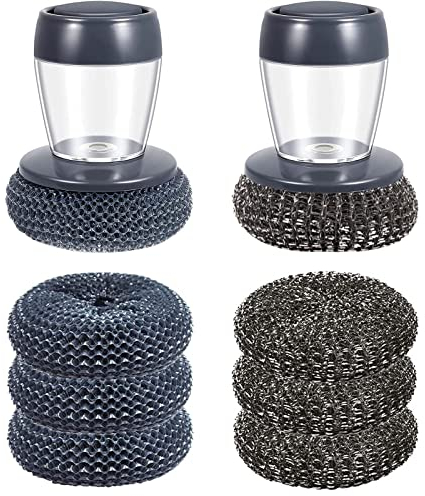 2 Piezas Cepillo Lavavajillas con Dispensador, Limpieza con Dispensador de Detergente, Cepillo de Cocina para Limpieza de Ollas y 6 Cabezales de Repuesto, para Limpieza de Platos, Ollas y Fregaderos