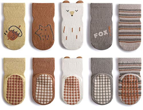 FedMois 5er Pack Baby Kleinkinder ABS rutschfeste Socken Sneaker Socken Tiermotive Baumwolle, Fuchs, 1-3 Jahre