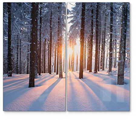DEQORI Placas de cristal para cubrir estufas de cocina, juego de 2 unidades, 60 x 52 cm, diseño de sol de noche en el bosque de invierno, placas de vitrocerámica en la cocina, cubiertas universales