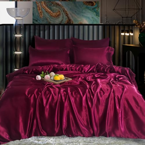 XXR SATIN SILK COMPLETE BEDDING SET DUVET COVER FITTED SHEET 4 PILLOW CASES 6 Pcs (Burgundy, Double)