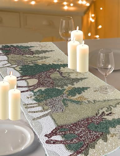 Reindeer Christmas Tree Decoration Scenery Winter Wonderland Snow Beaded 36 inch Table Runner - Rudolph red, Green, Beige, White