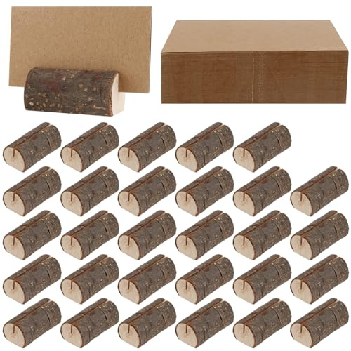 YUENPUN 30 soportes para tarjetas de madera rústica, soporte para números de mesa con 45 tarjetas de papel, soportes de menú de mesa de madera para notas y fotos