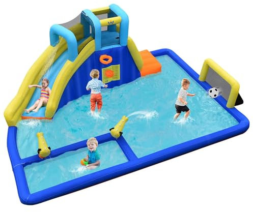 COSTWAY Castillo Hinchable Acuática, Castillo Inflable 6 en 1 con Rociador de Agua y Tobogán, Parque Acuático Inflable y Duradero para Uso Seco y Mojado, Bolsa de Rransporte (sin Soplador)