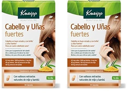 Kneipp Cabello y Uñas Fuertes, Complemento Alimenticio con Biotina, Selenio, Cobre, Zinc, Mijo y Bambú, Vitaminas para el Cabello, Multivitaminas Mujer, 30 Cápsulas (Paquete de 2)