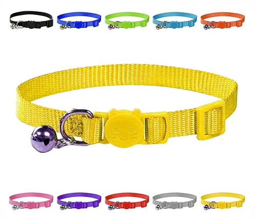 LARRYROO Collare per gatti con campanello, regolabile da 20 a 30 cm, collare di sicurezza per gatti e gattini, in nylon morbido e vibrante, a sgancio rapido, leggero e confortevole, colore: giallo