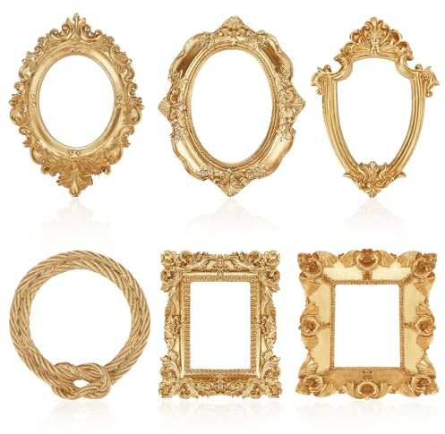 HMIEPRS 6Pcs Vintage Gold Picture Frames, Antique Resin Photo Frame Mini Ornate Picture Frame, Oval Rectangle Wall Hanging Photo Frames for Home Wall Jewelry Display Hotel Vintage Decor