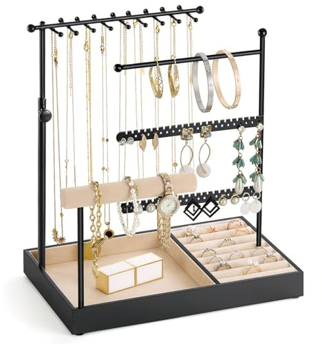 Emibele Jewelry Holder, Jewelry Organizer Stand Necklace Earring Bracelet Holder, 5 Tier Jewelry Display Tower Rack with Metal Frame and Velvet Ring Tray, Aesthetic Jewelry Stand Gift for Women, Black