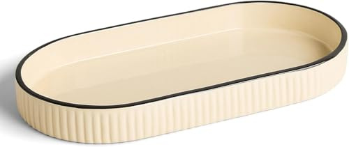Preston Lane Signature Ceramic Tray – Handmade in Portugal with Fluted Edges & Hand-Painted Trim – Decorative Organizer or Home Accent, Large, Alabaster