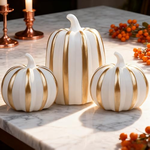 Songjum 3Piezas Calabazas Artificiales para Decoración de Mesa de Otoño Calabaza Blanca y Líneas Dorada Regalo de Otoño de la Granja Pieza Central de la Mesa de la Cocina