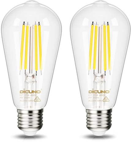 DiCUNO Bombilla LED E27 ST58 4W, Clase energética A, 60W Equivalente, 850lm, Luz neutra 4000K, Filamento Edison vintage de bajo consumo, Vidrio, 2 Piezas