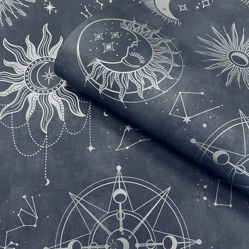 Blue Silver Space Wallpaper Metallic Moon Sun Feature Wall Lounge Bedroom Study