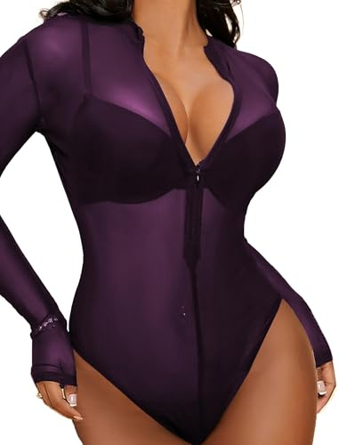 Avidlove Body sexy in pizzo e rete da donna body elegante con cerniera camicetta a maniche lunghe camicia da festa abbigliamento da discoteca