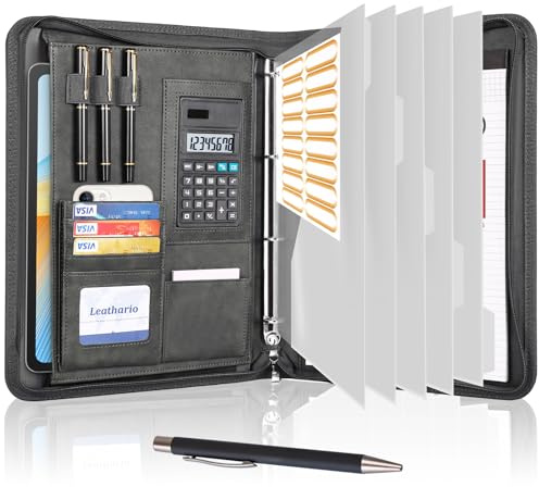 Leathario Schreibmappe A4 mit Reißverschlussmit DIN A4，Konferenzmappe mit 5er Register，Dokumentenmappe mit 4 Ringbuch，Griff，Klemmbrett, Ordner für Meeting Business,Mappe für Schule Uni