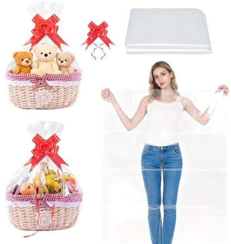 KEPYATI Fogli Cellophane Trasparente Per Confezioni (Grande, 150 X 90Cm), Con 5 Fiocchi Per Regali, Carta Cesti Trasparente, Per Confezioni Regalo, Feste, Eventi (Grande)