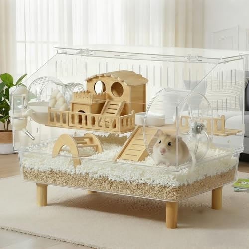 WflamaS Chew-Resistant Acrylic Hamster Cage, Large Habitat with Enhanced Safety Lock System for Syrian & Dwarf Hamsters, Gerbils, Mice, Includes Full Accessory Set - 18.5 x 11.8 x 14.6