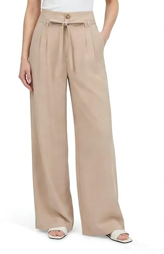 GRACE KARIN Linen Pants Women,Elastic High Waist Wide Leg Pants with Pockets,Comfy Beach Vacation Trousers Apricot