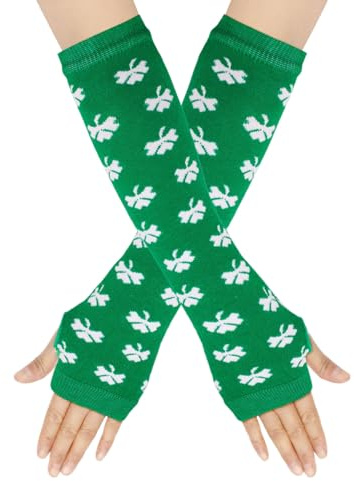 Women's Fingerless Gloves St. Patrick's Day Funny Irish Festival Green Clover Printed Elbow Length Knitted Arm Warmers