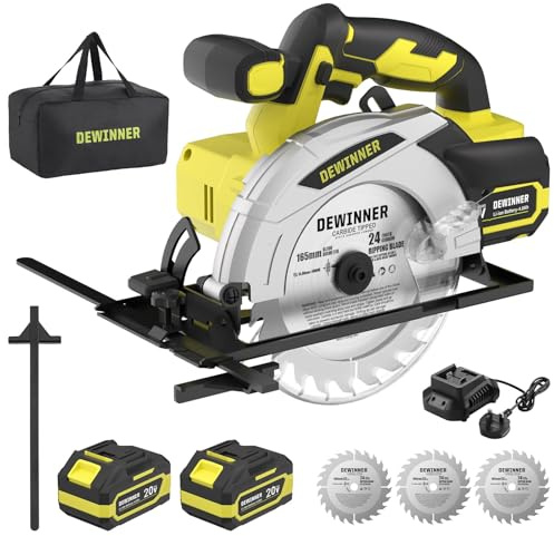 DEWINNER Cordless Circular Saw with 2 * 4.0Ah Lithium-Ion Batteries,4000RPM Electric Circular Saw with Electric Brake,Max38mm (45°),54mm (90°), 3 * 165mm 24T Blades, Canvas Bag,for Wood Cutting