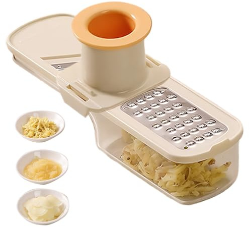 Rebanador de ajo, mini molinillo de ajo 3 en 1, cortador y rallador, mini cortadoras de mandolina, picador de verduras de mano de fácil agarre con recipiente para cocina (beige)