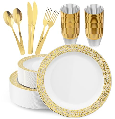 150 Count Gold Plastic Dinnerware Set, Elegant Disposable Include: 25 Gold Lace Plastic Plates, 25 Dessert Plates, 25 Forks, 25 Knives, 25 Spoons, 25 Cup, Ideal for Party, Birthday and Thanksgiving