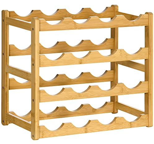 HOMCOM Scaffale Portabottiglie Vino a 4 Livelli per 16 Bottiglie, Cantinetta in Bambù per Cucina e Soggiorno, 43x23.5x38cm