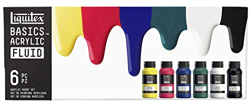 Liquitex 3699430 Basics Fluid - Set acylique - Peinture acrylique à consistance fluide, à séchage rapide, résistante à la lumière, imperméable, à base d'eau, 6 couleurs en flacons de 118 ml