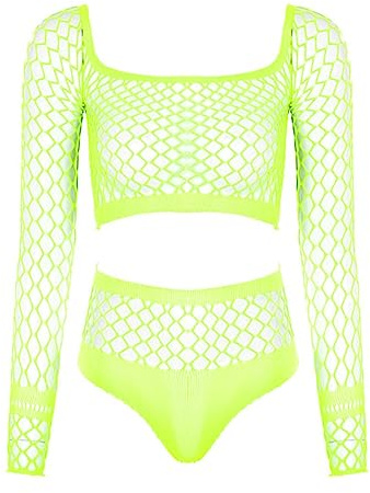 Set di Lingerie Hot da Donna Completi a Rete Scava Fuori h Biancheria Intima da Notte con Spalle Scoperte Top Corto a Maniche Lunghe con Slip-Giallo Fluorescente,Taglia Unica