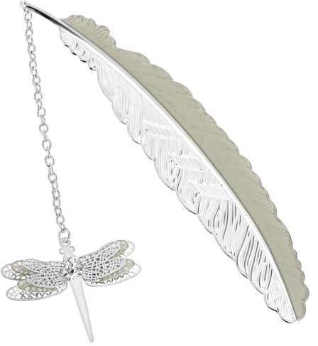 Jeffdad Feather metallbokmärke med 3D trollslända hänge, lyser i mörkret fjäril, fantasigåvor för kvinnor flickor, coola bokmärken för bokälskare (silver trollslända)