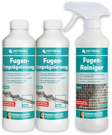 HOTREGA Fugenreiniger 500ml + Fugenimprägnierung 2x 500ml| Fugenschutz | Extra stark für zementäre Fugen in Bad und Dusche | Unsichtbar & atmungsaktiv