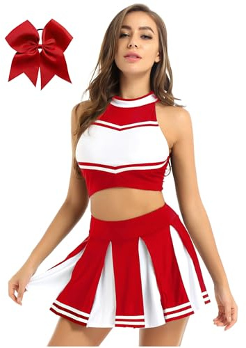 FEESHOW Uniforme de Pom-Pom Girl Femme Robe de Danse Cheerleading Gilet sans Manche + Mini Jupe Plisée Ensemble Tenue High School Rouge S