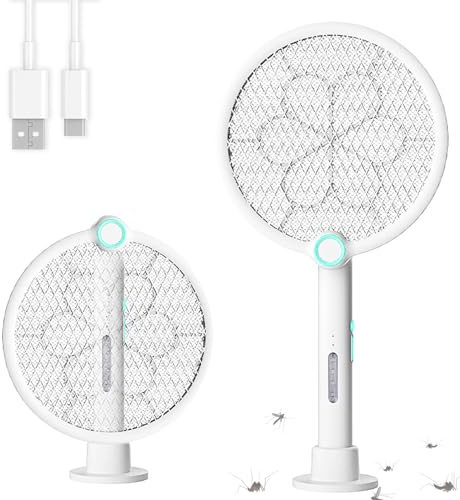 LacyMC Elektrische Fliegenklatsche,Doppelte Schichten Schutz, Wirksam Gegen Stechmücken,LED 2 in 1 USB C mit Akku Aufladbar Elektro Fliegenklatsche,Weiß(2025 Aufgerüstet)