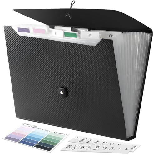 Lamitocs Expanding File Folder A4,13 Pockets File Organiser with Colored Tags, Paperwork A4 Plastic Wallet Document Storage Expander for School,Office and Home, Black