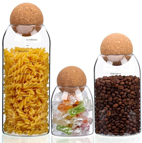 BELLE VOUS Barattoli in Vetro con Coperchio - Set di 3 - Contenitori Ermetici per Alimenti - Barattolo Porta Sale e Zucchero - Barattoli per Pasta Biscotti e Caffè