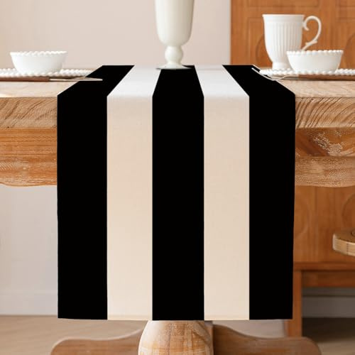 ViaElayu Camino de Mesa Negro Blanco Moderno a Rayas Lavable Invierno Estilo rústico Primavera Camino de Mesa de Cocina Decoración de Mesa de salón Decoración 40 x 140 cm