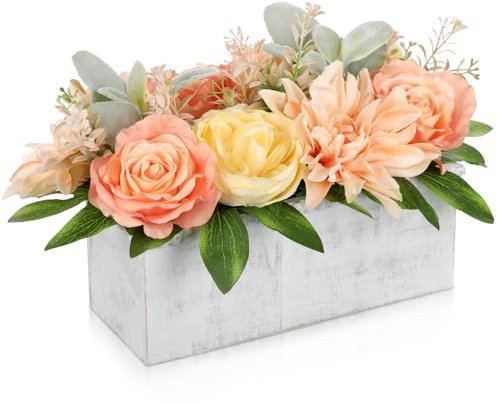 Oairse Artificial Flower Arrangement in Rustic Wooden Box Artificial Flowers in Pot Silk Flowers Centerpiece for Table, Shelf, Home, Office Living Room Decor Farmhouse Faux Floral Display