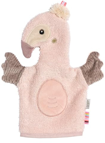 Fehn Tvätthandske Flamingo – tvättlapp med djurmotiv för roligt badnöje – absorberande och gosig mjuk – för spädbarn och barn från 0+ månader