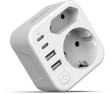 JSVER Adaptador Enchufe Suiza, Enchufe de Viaje Suiza con 2 USB y 2 USB C,Adaptador Enchufe Español a Suizo Tipo J para Suiza, Maldivas, Ruanda, Liechtenstein