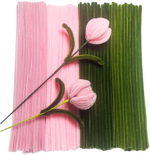 FANGZIDM 200 Stück Pfeifenreiniger Grün Rosa 300x6mm, Pfeifenputzer zum Basteln Kreative DIY Weihnachtsbaum Blumen Tier Dekorationen