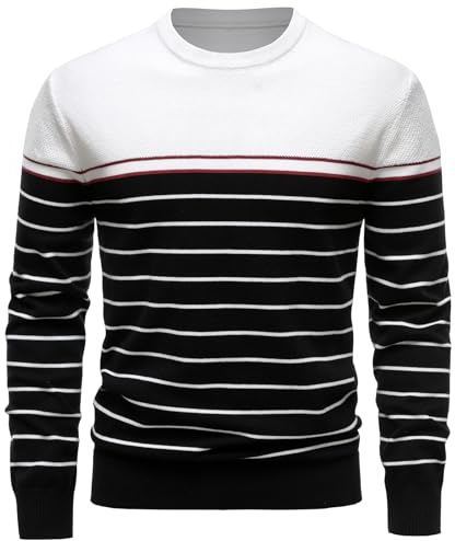 UUAISSO Suéter para Hombre Cuello Redondo Rayas Color a Juego Suéter Sudaderas Suéter de Punto Jersey para Uso Informal Blanco+Negro L