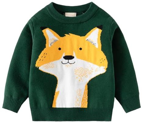 LUVCES Suéter de Punto para Niño Pequeño Lindo Jersey de Cuello Redondo Blusa de Manga Larga con Estampado Animal Sudadera Cálida para Niños Zorro Verde 3-4 Años