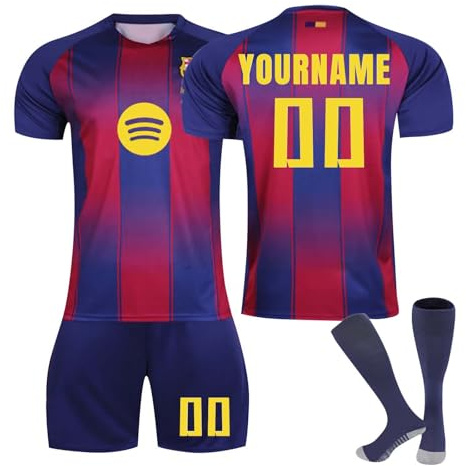 Generico Barcelona Maglia da Calcio per Bambini Kit con Maglia Calcio Pantaloncini e Calzetton, Maglie Personalizzata con Nome e Numero, Uomo/Bambini