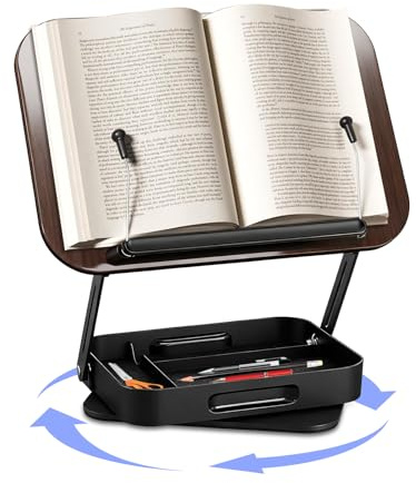 Lwuey Leggioper Libri con Base Girevolea 360° - Portatile Legno Supporto per Libri Regolabile con Scomparti PortaoggettiIntegrati Altezza Regolabile Bookstand Pieghevole per Libri Tablet Spartito