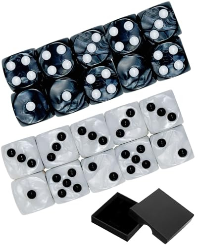 DAFNE 20 dés à plusieurs faces, taille D6, dés en acrylique de 16 mm, ensemble de dés, ensemble de dés pour jeux de rôle sur table D&D (Noir perle et blanc perle)