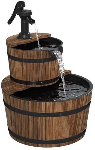 Aoxun 2 Tier Garden Water Fountain Cascading Barrel, Garden Fountains Outdoor Barrel Style Outdoor Water Feature with Built-In Pump, Weatherproof Finish, 44 x 44 × 58 cm