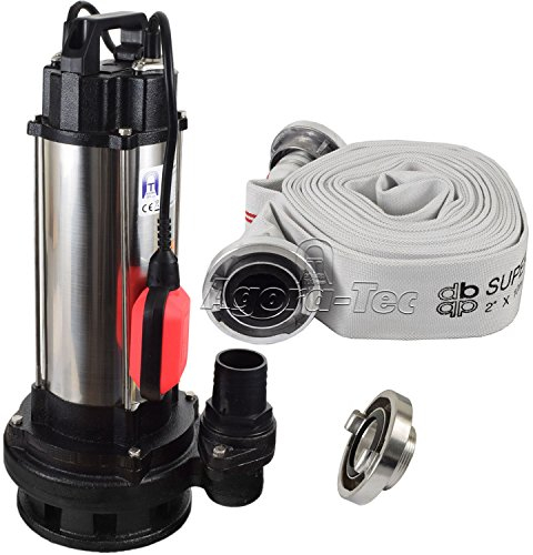 Agora-Tec® Baupumpe AT-1500W Tauchpumpe für Schmutzwasser, Abwasser, für Fäkalien und organische Feststoffe mit Schwimmerschalter und max: 2,6 bar und max: 19000l/h inklusive C - STORZ Kupplung und (C-Schlauch: 10 Meter)