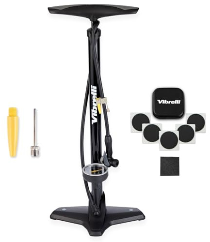 VIBRELLI Bike Floor Pump with Gauge & Puncture Kit - 160 PSI - Presta Valve Bike Pump Switches to Schrader - High Pressure Bicycle Pump,Black