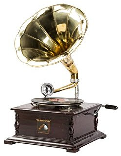 Gramophone avec pavillon en laiton, reproduction de His Master's Voice, carré