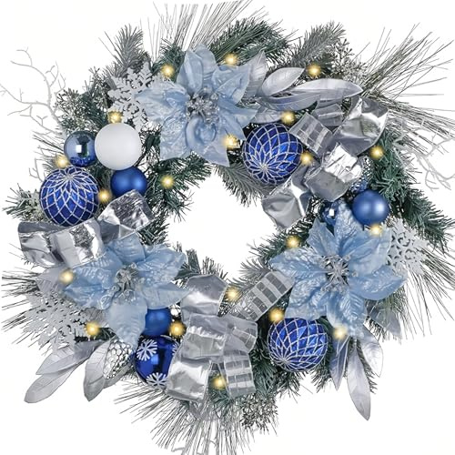 Valery Madelyn 24'' Pre-Lit Christmas Wreath for Front Door with Lights, Collapsible Lighted Outdoor Christmas Wreath with Silvery Blue Xmas Balls Ribbons for Home Porch Fireplace Window Holiday Decor