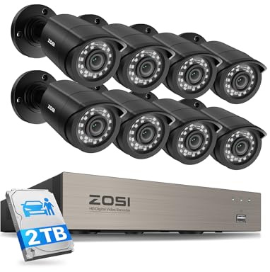 ZOSI 1080P Kit de Cámaras de Vigilancia 8pcs 2MP Cámara de Seguridad Exterior con 8CH H.265+ Grabador DVR, Visión Nocturna, Alarma de Movimiento, 2TB Disco Duro